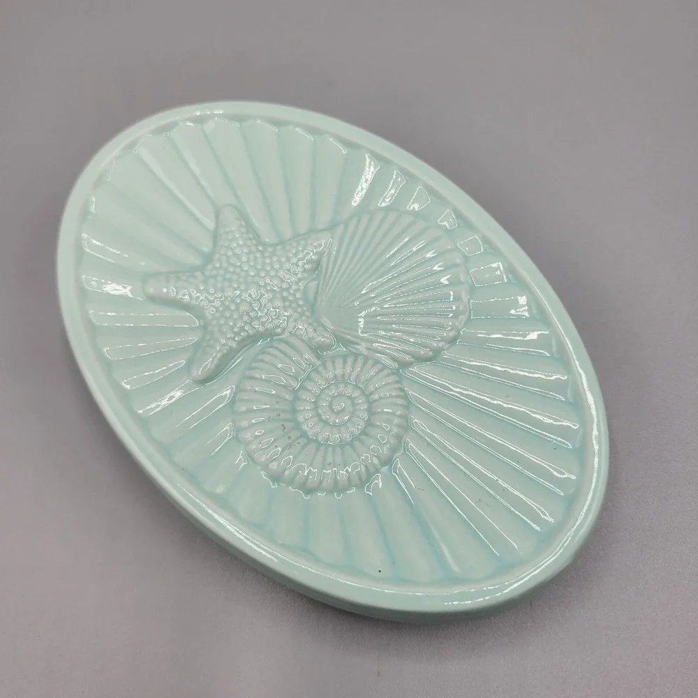 Ceramic Sea-Themed Soap Dish Oval Starfish Seashell Design Seafoam/Aqua